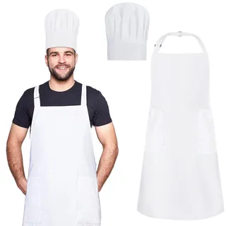 Livdouyu Kochmütze und Schürze-Set, verstellbare hohe Kochschürze(Weiß) | Wasserdichte Küchen Backschürze mit 2 Taschen und elastischer Kochmütze für Männer und Frauen für die Heimküche