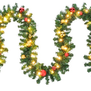 Haushalt International Tannengirlande aussen 5m - Grüne Girlande mit Lichterkette (80x LED), 5 Meter Girlande mit Licht und Kugeln als Weihnachtsdeko aussen