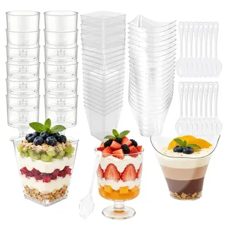 50 Stück Dessertgläser Plastik, Dessertbecher Plastik- 3 Verschiedene Designs ,Wiederverwendbare Dessertbecher und Wiederverwendbare löffel für Mousse Kuchen ,Eis,Joghurt,Pudding Party Hochzeiten
