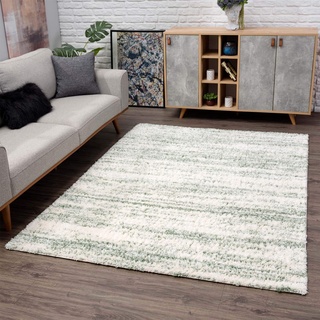 carpet city Hochflor Teppich Läufer Grün Creme - 80x300 cm - Modern Meliert Gestreift - Shaggy Langflor - Schlafzimmer Kinderzimmer Flur Diele - Flauschig Weich
