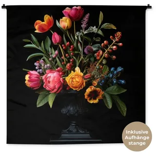 MuchoWow Wandteppich Tulpen - Beeren - Blumenstrauß - Vase, Quadratisch, Höhe: 3 mm, Wand Teppich Wohnzimmer, Schlafzimmer, 150x150 cm Quadratisch | 150 cm x 150 cm x 3 mm