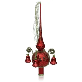 Lauschaer Glas Christbaumspitze Weihnachtsbaumspitze mit Formglöckchen, umsponnen mit Leonischem Draht, mundgeblasen, handdekoriert, handbemalt, in Lauscha hergestellt rot