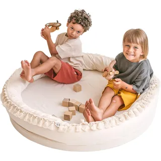 MINICAMP Kinder-Spielmatte für Bodenspiele & Schlafnest - 100% Baumwolle & einzigartige Quastendekoration - Kinderteppich 110 cm breit - extra weiche Schaumstoff-Matte!