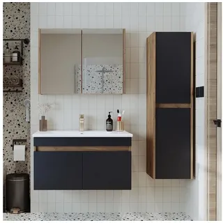 Roomart Badmöbel-Set ATRIA 85 Badmöbel-Set mit Waschbecken, Spiegel & Hochschrank, (Bademöbel Set ATRIA 85 cm mit Waschbecken & Schränken in 4 Farben) grau