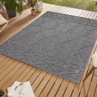SIMPEX In & Outdoor Bouclé Teppich Läufer wetterfest Grau 80x150 cm Skandinavische Boho Design 3D Hoch Tief Effekt ideal für Flur Balkon oder Küche