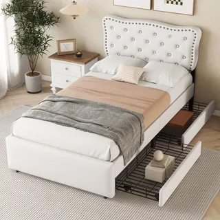 Flieks Polsterbett 90x200cm mit 2 Schubladen, Klassisches Bett Jugendbett Kinderbett mit Verstellbarem Kopfteil, Stauraumbett Holzbett, Leinen, Beige - Beige