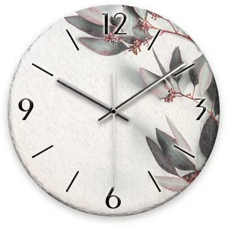Kreative Feder Wanduhr Wanduhr „Eukalyptus“ aus Stein (Keramik) in Schiefer-Optik (ohne Ticken; Funk- oder Quarzuhrwerk; ⌀ 30cm; außergewöhnlich) grün|weiß