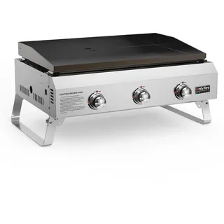 onlyfire Plancha Tischgasgrill 3 Edelstahl-Brenner, Keramische Lackbeschichtung Grillplatte, Camping Gasgrill, Kompakter Tischgrill Gas, Kleiner Balkon-Picknick-Grill, Grillfläche 57x36CM, 7,03KW