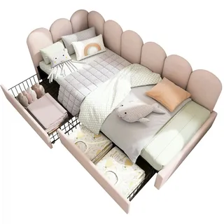 Merax Polsterbett Einzelbett mit Schubladen Stauraumbett Samt Daybett Tagesbett Schlafsofa 90x200cm Rosa(Ohne Matratze)