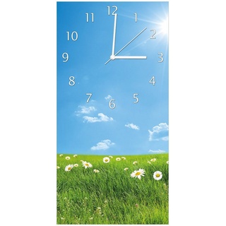 Wallario Wanduhr Sommerwiese - Weiße Gänseblümchen vor blauem Himmel (Uhr aus Acryl) grün