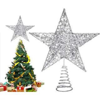 Baumspitze Stern Silber in filigraner 3D Glitzer-Optik – Klassische Christbaums-pitze Silber, Leichte Weihnachtsbaum-Spitze aus Metallfür jeden Tannenbaum (22 cm)