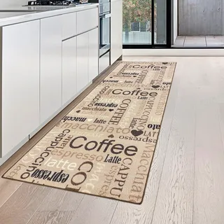Teppich-Traum Küchenläufer in beige mit Gelrücken und schwarz braunem Schriftzug Coffee Cappuccino Espresso Macchiato, 80 x 200 cm
