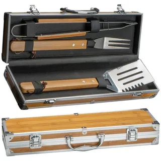 Macma Grillbesteck-Set Grillkoffer aus Metall mit Bambusapplikationen / 3 teiliges BBQ Bestec