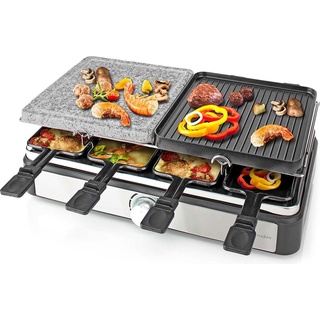 Nedis Gourmet/Raclette Grill/Stone 8 Persons Spatula Temperature setting Non stick coating Rectangl, Racletteofen, Schwarz, Silber