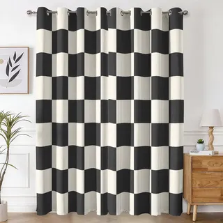 Generisch Verdunklungsvorhänge Schachbrett, Vorhänge Kariert Schwarz Weiß für Schlafzimmer Wohnzimmer Deko, Gardinen mit Ösen 220 X 140 cm (H x B), 2er Set Vorhang Blickdicht X&-30