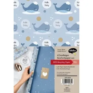 dabelino Geschenkpapier-Set zur Geburt für Baby-Jungen: Motiv "Wal": 4x Einzelbögen + 4x Geschenkanhänger