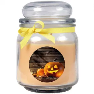 HS Candle Duftkerze (Dekokerze, 1-tlg), Halloween - Kerze im Bonbon Glas, Ideale Herbstdeko beige Ø 9 cm x 9 cm x 13 cm x 9 cm