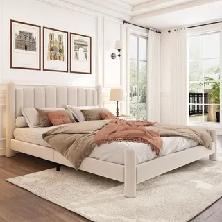 Polsterbett Samt 180x200 cm (Ohne Matratze) Stilvolles fächerförmiges Kopfteil Zylindrische Stützbeine mit Lattenrost und Kopfteil Beige - Beige