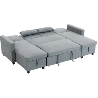 HOMCOM Ecksofa mit Schlaffunktion und Bettkasten U-Form 4-Sitzer Sofa Ausziehbares 3 in 1 Schlafsofa mit Chaiselongue, Verstellbarer Rückenlehne, Kissen, Leinenoptik Schlafcouch für Wohnzimmer, Grau   Aosom