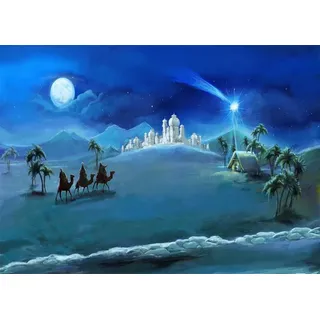 BELECO 2.1x1.5m Weihnachtskrippenkulisse, Weihnachtsnacht, Sterne, Heilige Familie und die Heiligen DREI Könige, Wüstenschloss, Hütte, Krippe, Geburt Jesu, Kulisse