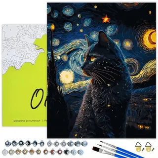 Oh Art! Malen Nach Zahlen Erwachsene Set Mit 3 Pinseln Und Acrylfarben Gemälde Acrylic Malerei DIY Leinwand 40 x 50 cm Graue Katze Und Sterne