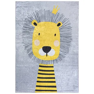 Mazovia Kinderteppich Kinderteppich Kinderzimmerteppich Löwe Tiere, 80 x 150 cm, Kurflor, Waschbar in Waschmaschine, Höhe 5 mm, Rutschfest gelb|grau 80 x 150 cm