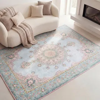 FRAAI | Home & Living Vintage Teppich - Lily Medaillon Hellblau Türkis - 300x400 cm - Baumwolle, Polyester - Flachgewebe - Vintage - Wohnzimmer, Esszimmer, Schlafzimmer