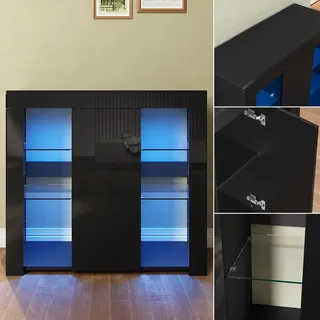 Kommode Sideboard Schrank mit LED Beleuchtung Schwarz Hochglanz 90cm Wohnzimmer