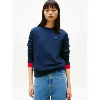 Sweatshirt TOMMY JEANS "TJW REG S FLAG CREW", Damen, Gr. S (36), blau (schwarz night navy), Sweatware, Obermaterial: 80% Baumwolle, 20% Polyester, unifarben, regular fit normal, Rundhals, Rippbündchen, Sweatshirts Sweatshirt, mit Logostickerei, Regular Fit