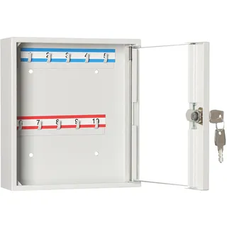 LEOMAR Schlüsselschrank, Schlüsselkasten mit 10 Haken, Schlüsselbox aus Stahlblech mit Glastüren, mit Festen Hakenleisten, Organizer zur Wandbefestigung, Abschließbar, 6 x 20 x 22 cm