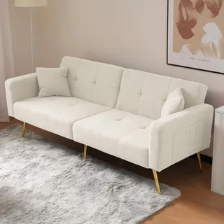 Merax Schlafsofa 2-Sitzer Sofa mit Schlaffunktion, Klappsofa mit unabhängig verstellbaren Doppelrückenlehnen - Sofabett aus Sherpa-Stoff, für Wohnzimmer/Schlafzimmer/Gästezimmer, Weiß