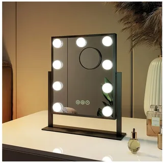 EMKE Kosmetikspiegel Hollywood-Schminkspiegel,360° Drehbar mit 7-fach Lupe (Sternenlicht), 9 LEDs, 3 Lichtfarben, dimmbar, Touch, Memory, 360° neigbar 25 × 30 cm schwarz 25 cm x 30 cm