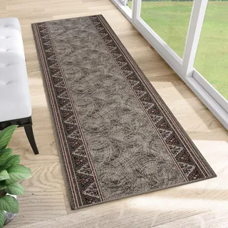TAPISO Anti Rutsch Teppich Läufer rutschfest Brücke Meterware Oriental Floral Design Meliert Grau Rot Flur Küche Wohnzimmer 120 x 120 cm