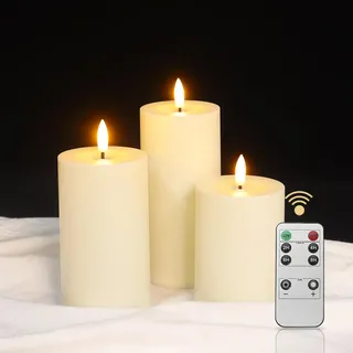 LUCOZA 3er Set Outdoor LED Kerzen, 10/12.5/15 cm Wasserdichte Flammenlose Kerzen mit Timer und Fernbedienung, Batteriebetriebene im Freien Plastikkerzen für Innen Außen (Creme)