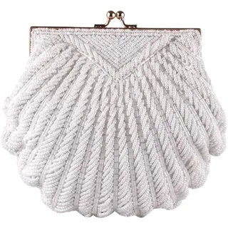WDSBZNB Muschel Tasche Abendtaschen Damen Clutch Abend Clutch Hochzeit Braut Handtasche Perlen Perlen Mode Muschel Kette Party Taschen(White)
