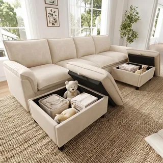 Merax 4 Sitzer Modulares Big Sofa mit Stauraum, U-Form Ecksofa Wohnlandschaft aus Chenille, Cloud Sofa mit Deep Seat und 2 beweglichen Fußhockern, hohe Rückenlehne, Beige