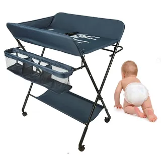Homewell Baby Wickelkombi Wickelkommode, Mobile Wickeltisch Klappbar, mit Wickelauflage, Sicherheitsgurt, Ablagefächern, süßem Muster und Höhenangabe, Stabil und Bequem (Blau-Tief)
