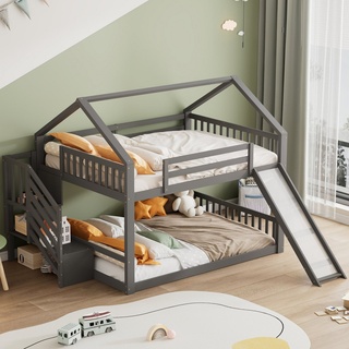 Ulife Hausbett Etagenbett Kinderbett mit Stauraumtreppe und Rutsche, 140x200cm, Kinderbett mit Geländer grau