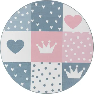 Paco Home Teppich Kinderzimmer Kinderteppich Kurzflor rutschfest Herzen Sonne Regenbogen 160 cm Rund, Creme Rosa Grau