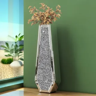 SHYFOY Bodenvase Groß 61,5cm Hoch, Große Vase aus verspiegeltem Glas, Große Vasen für Boden mit Kristall Diamant Dekoration, XXL Deko Bodenvasen für Pampasgras, Silber