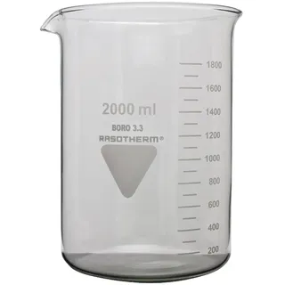 Rasotherm Becherglas 2000 ml, Borosilikatglas 3.3, niedrige Form mit Ausguss, Höhe 185 mm, Ø 130 mm, transparent