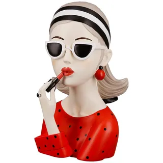 Gilde Deko Skulptur Figur Lady rotes Shirt - mit rotem Lippenstift - Moderne Dekoration Wohnzimmr - Höhe 26 cm - rot schwarz Creme