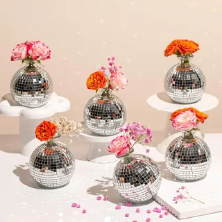 Disco Ball Vase Deko Kugel Pflanzgefäß für Zentrumsschmuck, Silberne Spiegelglas-Dekoration für Tisch, Party, Hochzeit, Zuhause oder Schlafzimmer (3,5" x 4")