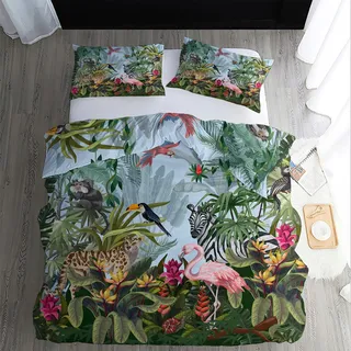 WQIZXCW Dschungel Bettwäsche 135x200, Tropische Pflanzen Tiere Microfaser Bettbezug Set 2 Teilig - Weich & Angenehm & Atmungsaktiv, 1 Bettbezüge mit Reißverschluss + 1 Kissenbezug 80x80 cm