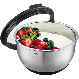 GEFU Edelstahlschüssel MUOVO - Rührschüssel mit Deckel & Silikonboden, 2,5l | Vielseitige Salatschüssel mit Messskala, 20 cm Durchmesser, rutschfest, luftdicht & spülmaschinengeeignet für die Küche