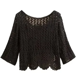 WLLDDDIU Bolero Jacke Damen, Häkel Cardigan für Damen, Lässig, Locker, Ausgehöhlt, 3/4 Ärmel, Pullover, Elegant, Sommer, Leicht, Strandüberzug, Oberbekleidung für Hosenträgerkleid, Schwarz, L - L