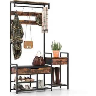 GOPLUS Garderobenständer mit Sitzbank, 5-in-1 Kleiderständer mit Schuhbank, Garderobe mit 12 Haken, offenen Regalen & Schublade, Garderobenregal Flurregal für Eingang & Schlafzimmer, 120 x 30 x 178 cm