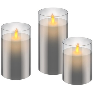 goobay 57865 3er-Set LED Echtwachskerzen im Glas (grau) mit Timerfunktion, warmweißer Kerzenschein, bewegliche Flamme, 10, 12,5 & 15cm hohe Kerzen Transparent