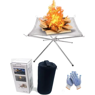 Tragbare Feuerstelle für Camping, Outdoor-Feuerstelle, Kamin mit hitzebeständigen Handschuhen und Tragetasche, 41,9 cm, faltbare Edelstahl-Mesh-Feuerstelle, Kamin, Grill-Feuerschale für den