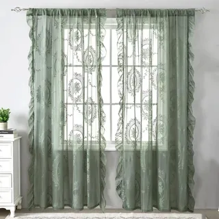 Lsimeru Transparent Vorhang Ösen Landhausstil Barock Rosemuster Grün 2 Stück Spitzengardinen Gardinen Durchlässig Spitzenvorhang Ösenvorhang für Schlafzimmer Wohnzimmer,140x200